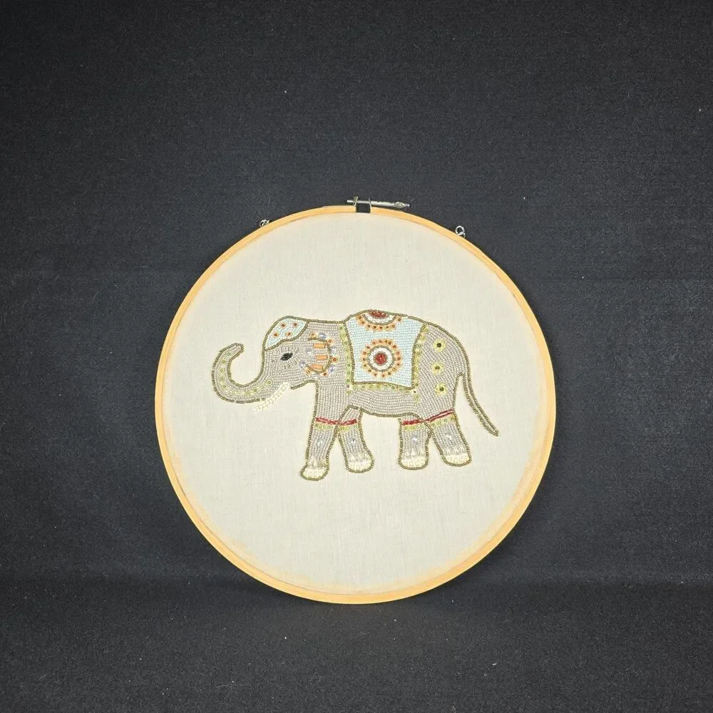 Boho Elephant Wall Art Embroidery Hoop Beaded Hanging Decor 14.5